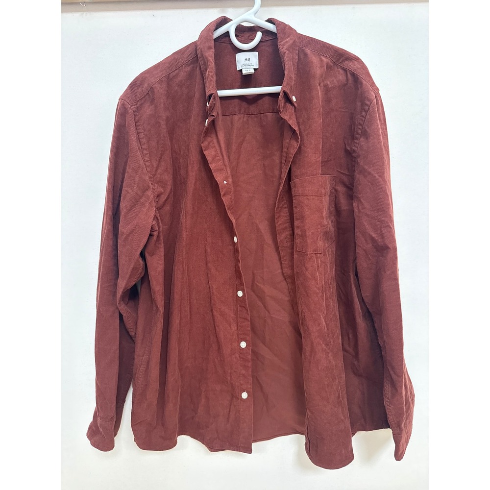 HM Mens XL Corduroy Button Down Shirt Rust Brown Regular Fit Long Sleeve Pocket